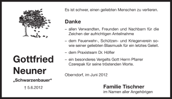 Traueranzeige von Gottfried Neuner von Pegnitz-Zeitung
